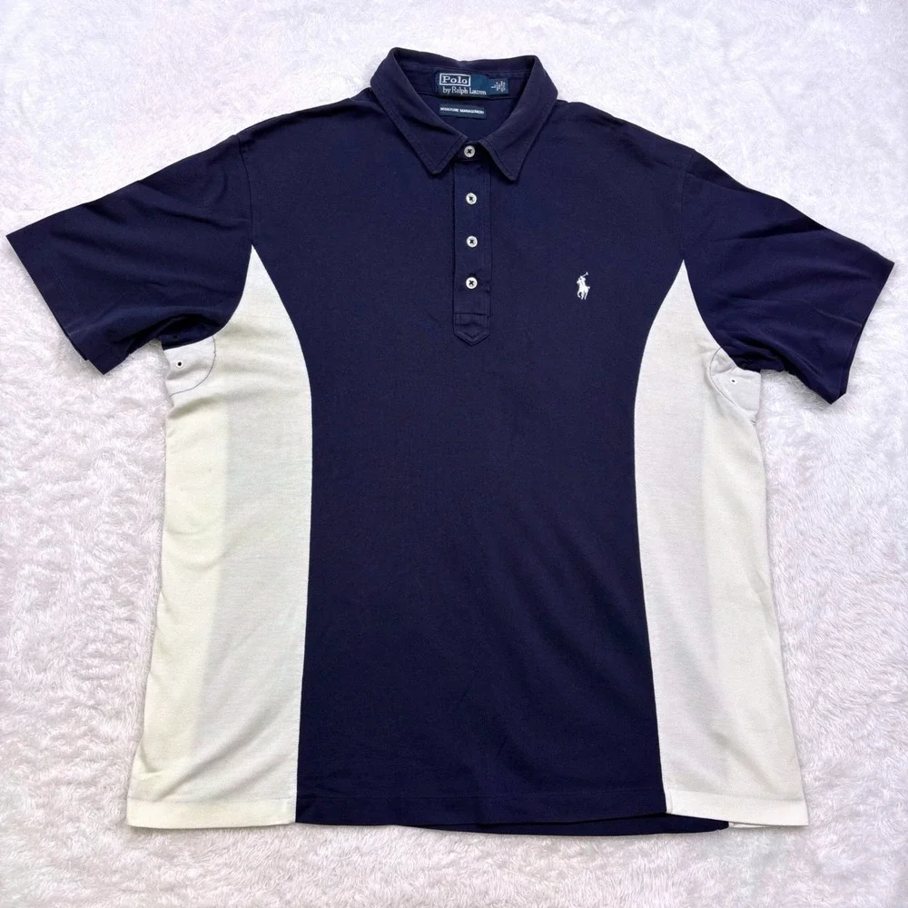 Polo Ralph Lauren Polo Shirt Mens L Navy Blue White Colorblock Wicking Vented